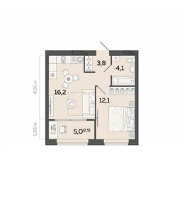 Квартира 41,5 м², 1-комнатная - изображение 1