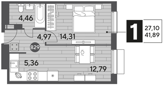 Квартира 41,9 м², 1-комнатная - изображение 1