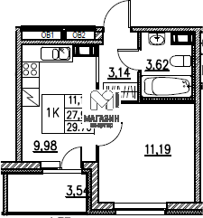 Квартира 29,7 м², 1-комнатная - изображение 1