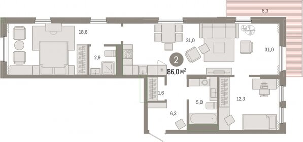 Квартира 86 м², 2-комнатная - изображение 1