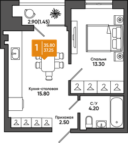 Квартира 37,3 м², 1-комнатная - изображение 1