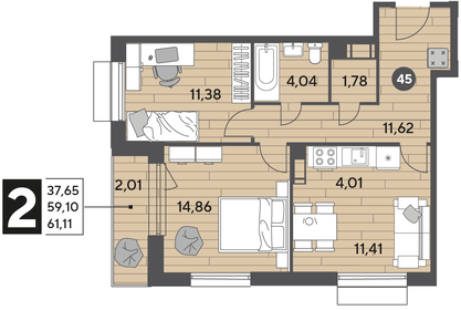 61,1 м², 2-комнатная квартира 8 225 406 ₽ - изображение 55