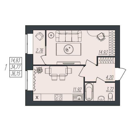 36,2 м², 1-комнатная квартира 3 463 170 ₽ - изображение 1