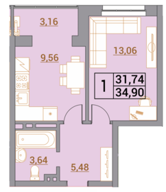 34,9 м², 1-комнатная квартира 3 490 000 ₽ - изображение 65