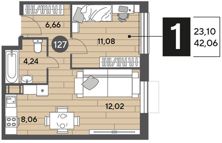 Квартира 42,1 м², 1-комнатная - изображение 1