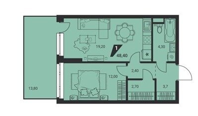 Квартира 48,4 м², 1-комнатная - изображение 1