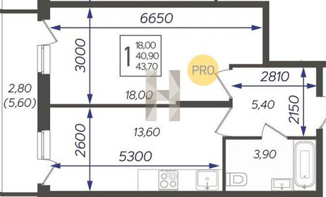 Квартира 43,7 м², 1-комнатная - изображение 1