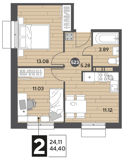 44,4 м², 2-комнатная квартира 7 317 120 ₽ - изображение 1