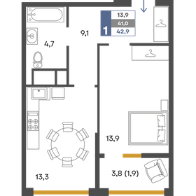 Квартира 42,9 м², 1-комнатная - изображение 1