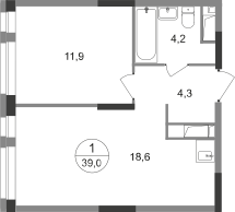 Квартира 39 м², 1-комнатная - изображение 1