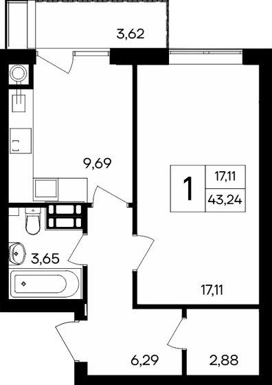 43,2 м², 1-комнатная квартира 4 972 600 ₽ - изображение 1