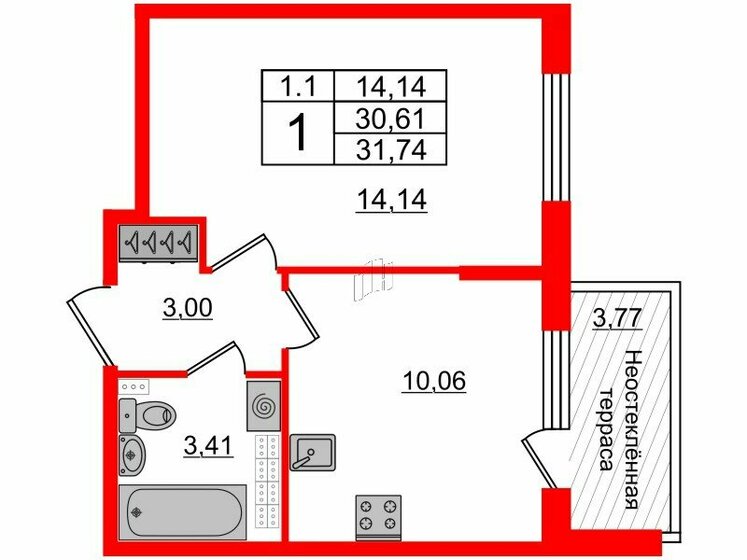 30,6 м², 1-комнатная квартира 6 450 246 ₽ - изображение 1