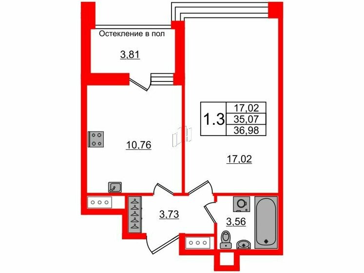 35,1 м², 1-комнатная квартира 9 950 411 ₽ - изображение 1