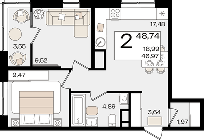 48,6 м², 2-комнатная квартира 14 500 363 ₽ - изображение 6