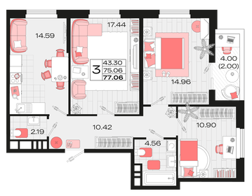 Квартира 77,1 м², 3-комнатная - изображение 1