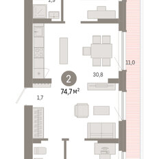 Квартира 74,7 м², 2-комнатная - изображение 3