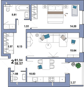 60 м², 2-комнатная квартира 5 405 500 ₽ - изображение 34