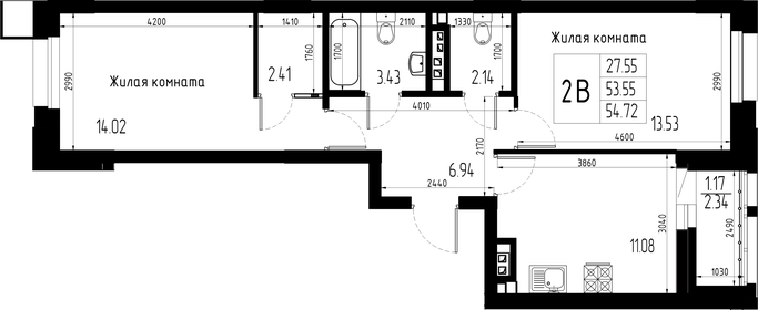 Квартира 54,7 м², 2-комнатная - изображение 1