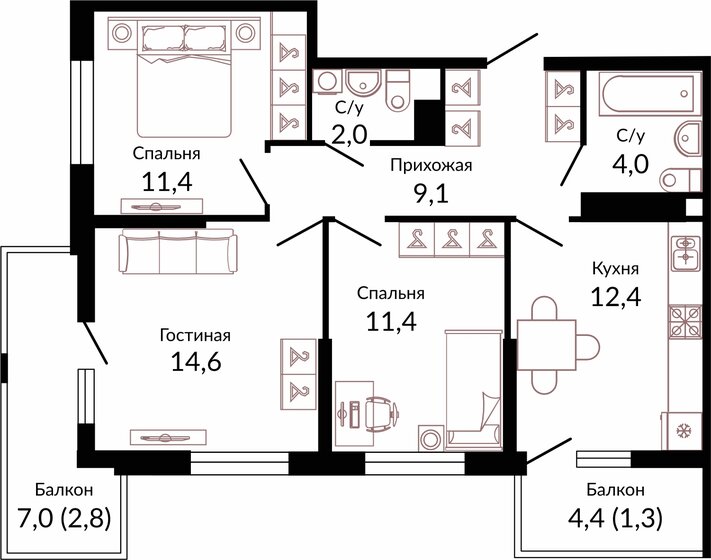 68,3 м², 3-комнатная квартира 11 009 960 ₽ - изображение 1