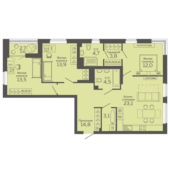 94,8 м², 3-комнатная квартира 16 201 000 ₽ - изображение 1