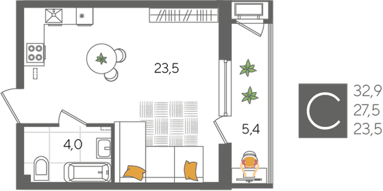Квартира 32,9 м², студия - изображение 1
