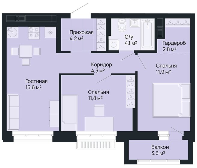 55,7 м², 1-комнатная квартира 13 870 000 ₽ - изображение 1
