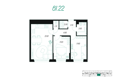 Квартира 61,2 м², 2-комнатная - изображение 1