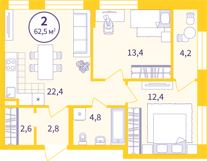 60,4 м², 2-комнатная квартира 9 200 000 ₽ - изображение 1