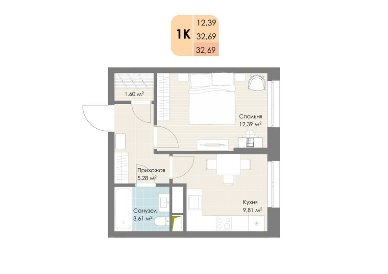 32,7 м², 1-комнатная квартира 7 257 180 ₽ - изображение 7