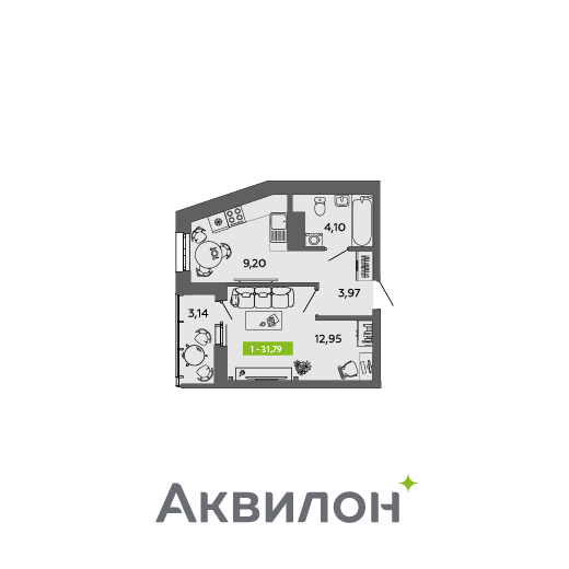 31,8 м², 1-комнатная квартира 5 186 921 ₽ - изображение 1