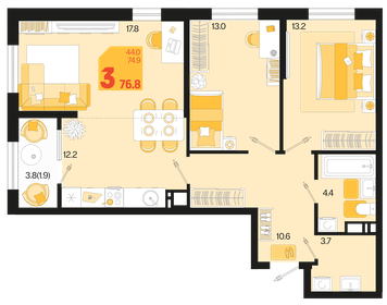 Квартира 76,8 м², 3-комнатная - изображение 1