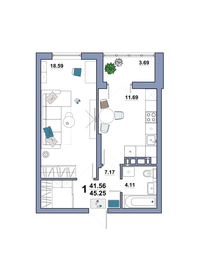 Квартира 45,3 м², 1-комнатная - изображение 1