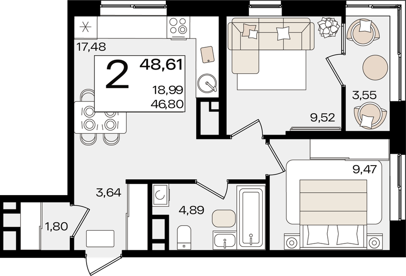 48,6 м², 2-комнатная квартира 14 500 363 ₽ - изображение 1