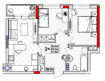 Квартира 51,9 м², 2-комнатная - изображение 1