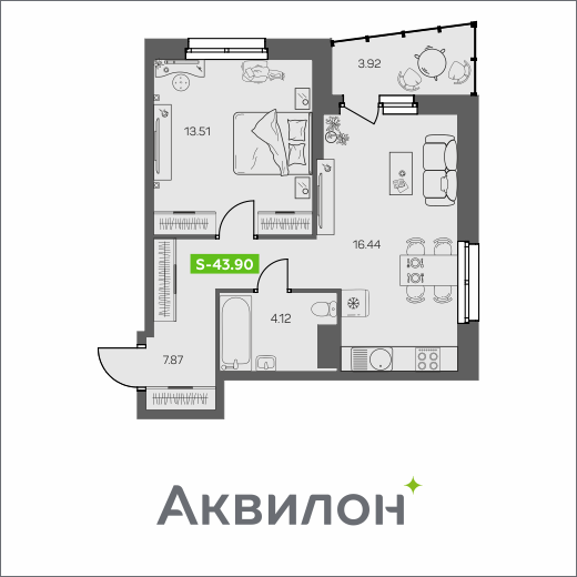 43,9 м², 1-комнатная квартира 6 026 923 ₽ - изображение 1