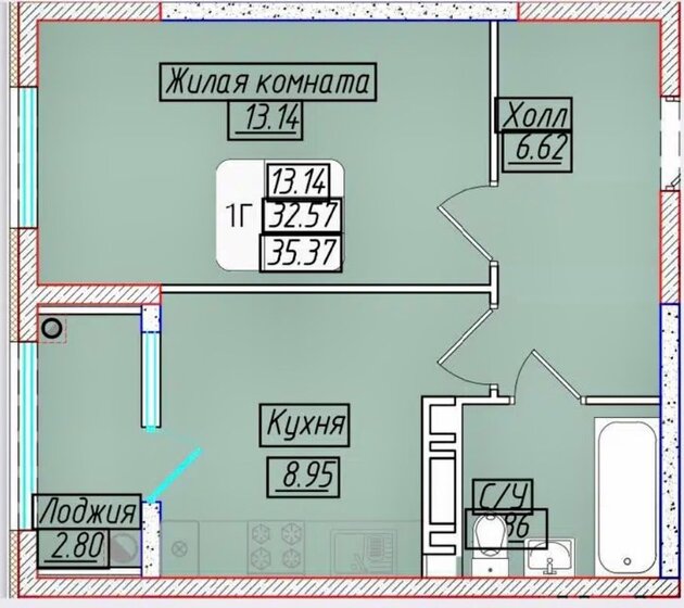 35,4 м², 1-комнатная квартира 3 300 000 ₽ - изображение 1