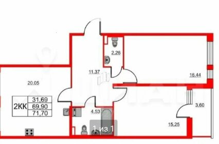 Квартира 69 м², 2-комнатная - изображение 1