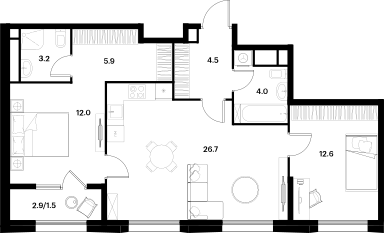 Квартира 70,4 м², 2-комнатная - изображение 1