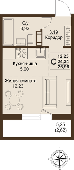 24,3 м², 1-комнатная квартира 2 713 910 ₽ - изображение 1