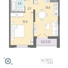 Квартира 42,8 м², 1-комнатная - изображение 3