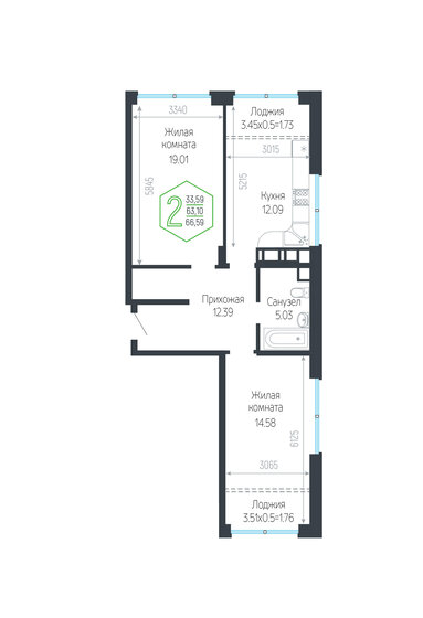 66,6 м², 2-комнатная квартира 21 861 450 ₽ - изображение 1