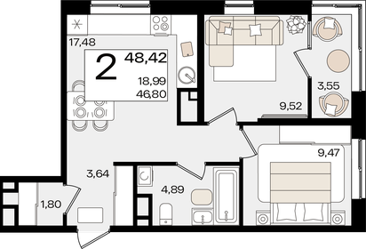 Квартира 48,4 м², 2-комнатная - изображение 1