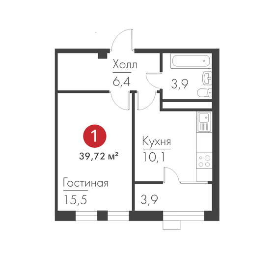 39,7 м², 1-комнатная квартира 9 371 870 ₽ - изображение 1