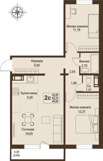 62,2 м², 3-комнатная квартира 6 246 075 ₽ - изображение 1