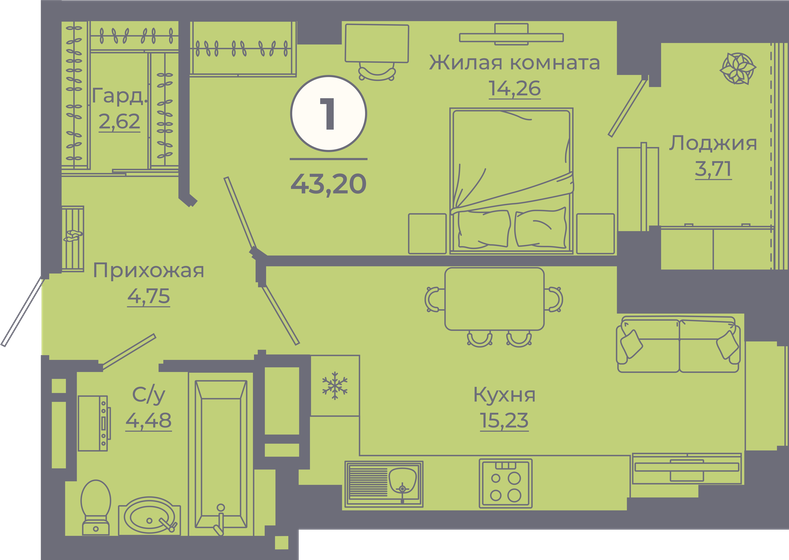 43,1 м², 1-комнатная квартира 5 512 960 ₽ - изображение 1