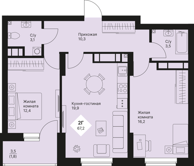 67,2 м², 2-комнатная квартира 8 930 950 ₽ - изображение 1