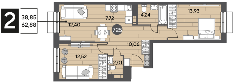 Квартира 62,9 м², 2-комнатная - изображение 1