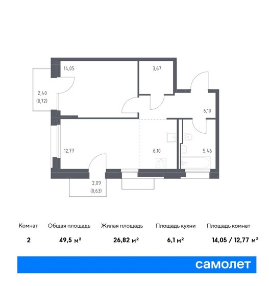 49,5 м², 1-комнатная квартира 16 720 702 ₽ - изображение 1