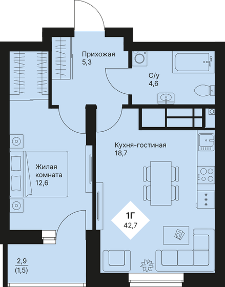 42,7 м², 1-комнатная квартира 6 397 500 ₽ - изображение 1