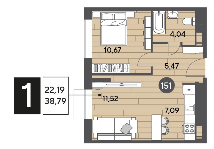 38,8 м², 1-комнатная квартира 6 365 439 ₽ - изображение 1